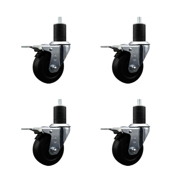 3.5'' Hard Rubber Swivel 1-3/4'' Expanding Stem Caster Set Total Lock Brake, 4PK